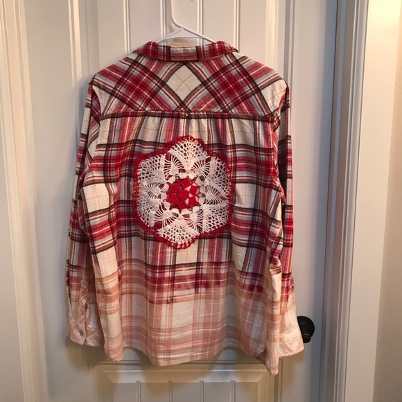 croft & barrow Tops - Upcycled Bleached Boho Dip-Dye Grunge Ombre Red Flannel Doilie Shirt XXL